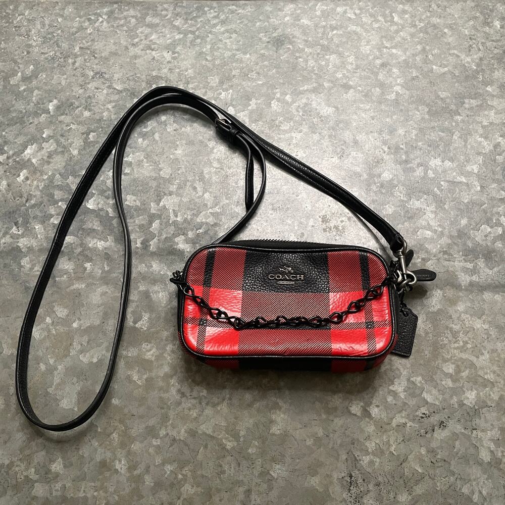 Coach Mount Buffalo Plaid Double Zip Top Mini Crossbody Bag Purse Red Black